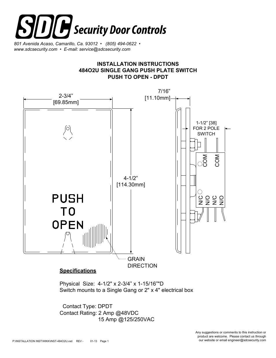 SDC 484O2U SINGLE GANG PUSH PLATE SWITCH User Manual | 1 page