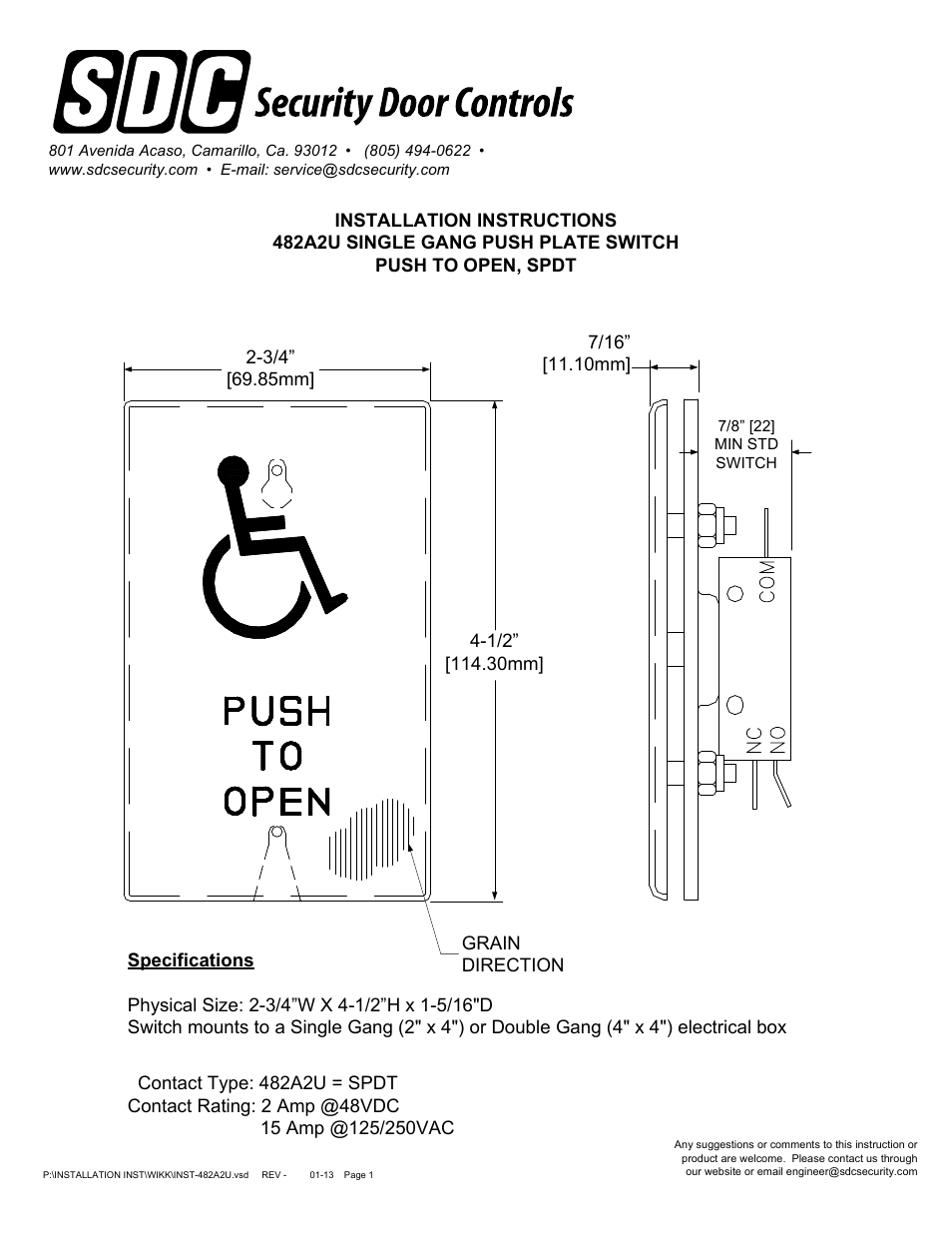 SDC 482A2U SINGLE GANG PUSH PLATE SWITCH User Manual | 1 page