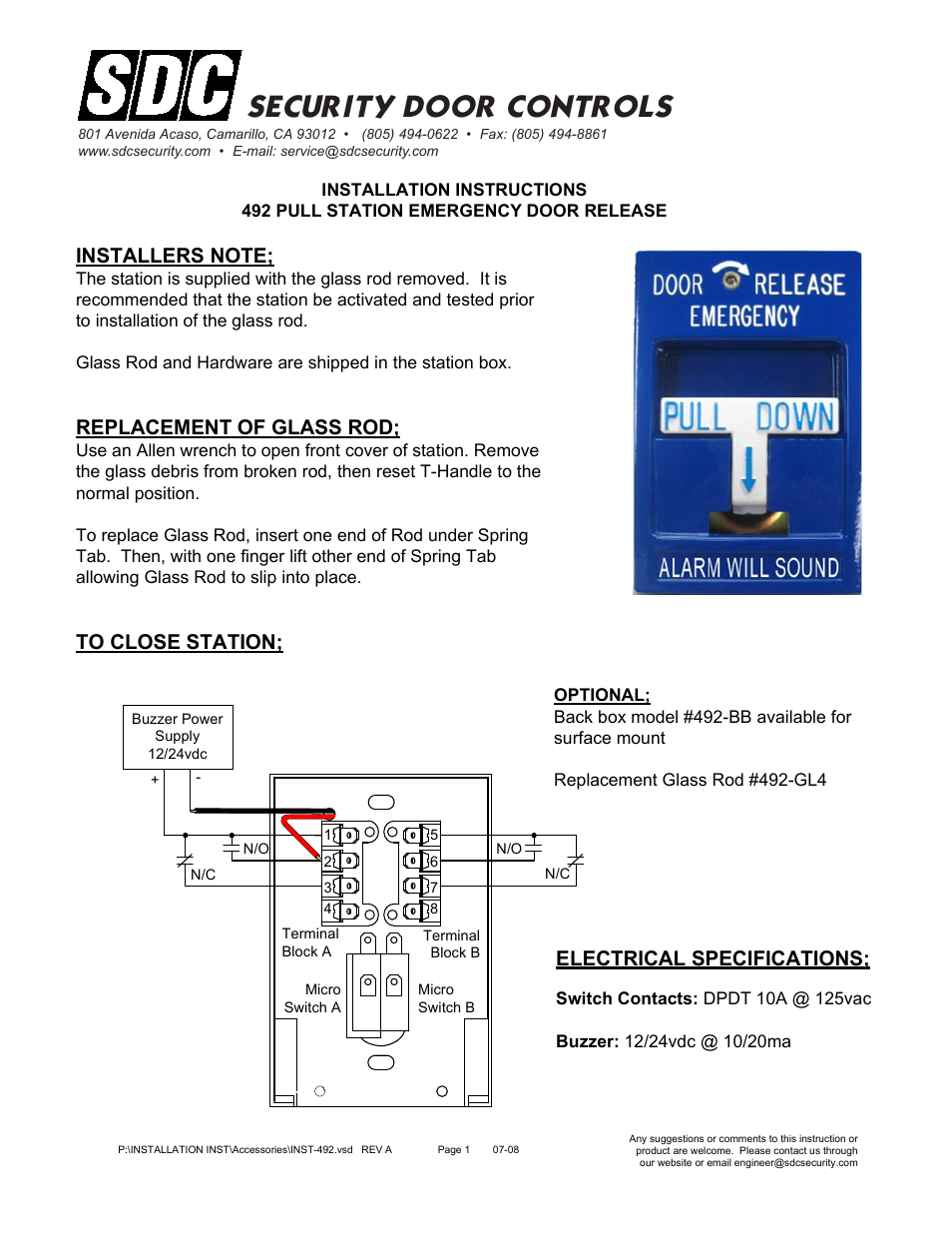 Security door controls, Replacement of glass rod | SDC 491 EMERGENCY DOOR RELEASE User Manual | Page 2 / 2