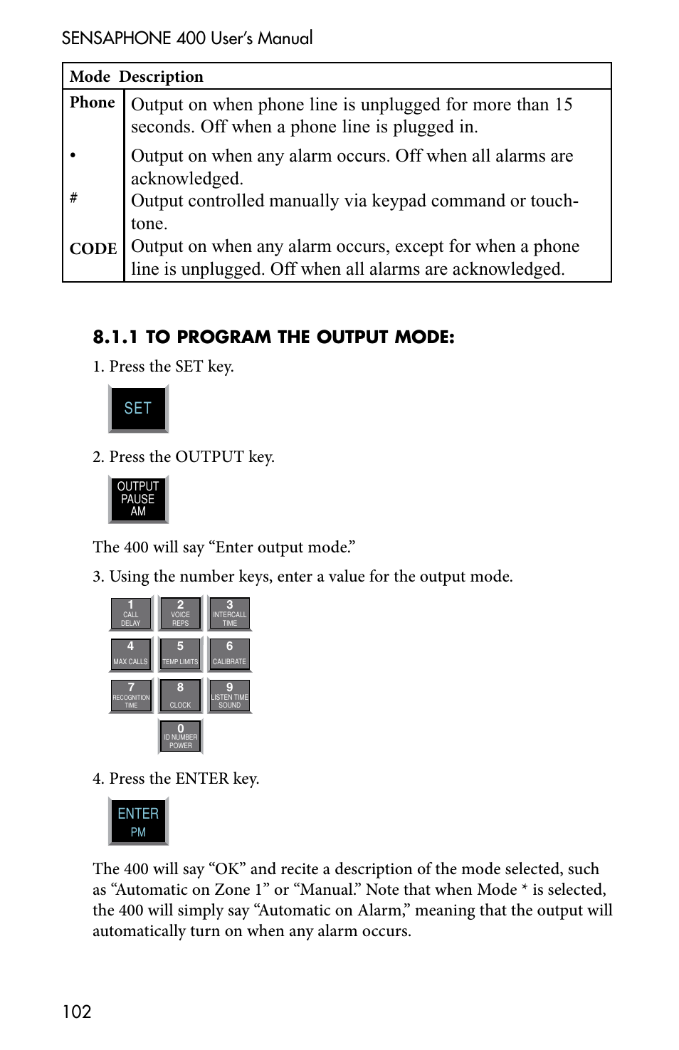 Press the output key, Press the enter key | Sensaphone 400 User Manual | Page 104 / 134