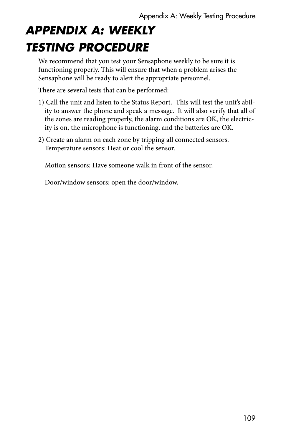 Appendix a: weekly testing procedure | Sensaphone 400 User Manual | Page 111 / 134