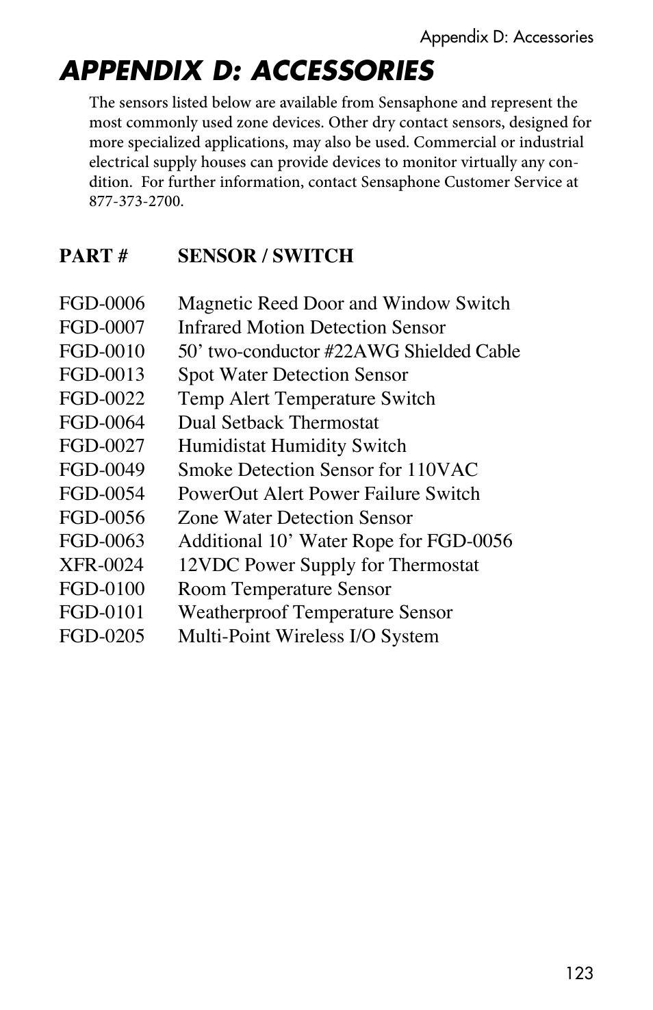 Appendix d: accessories | Sensaphone 400 User Manual | Page 125 / 134