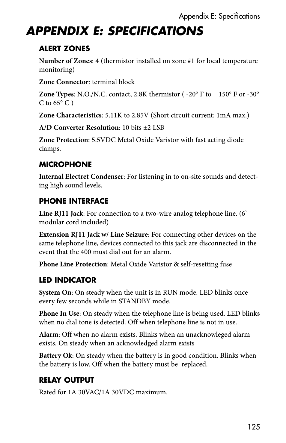 Appendix e: specifications | Sensaphone 400 User Manual | Page 127 / 134