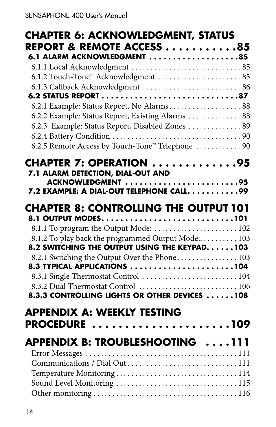 Chapter 7: operation, Chapter 8: controlling the output 101 | Sensaphone 400 User Manual | Page 16 / 134