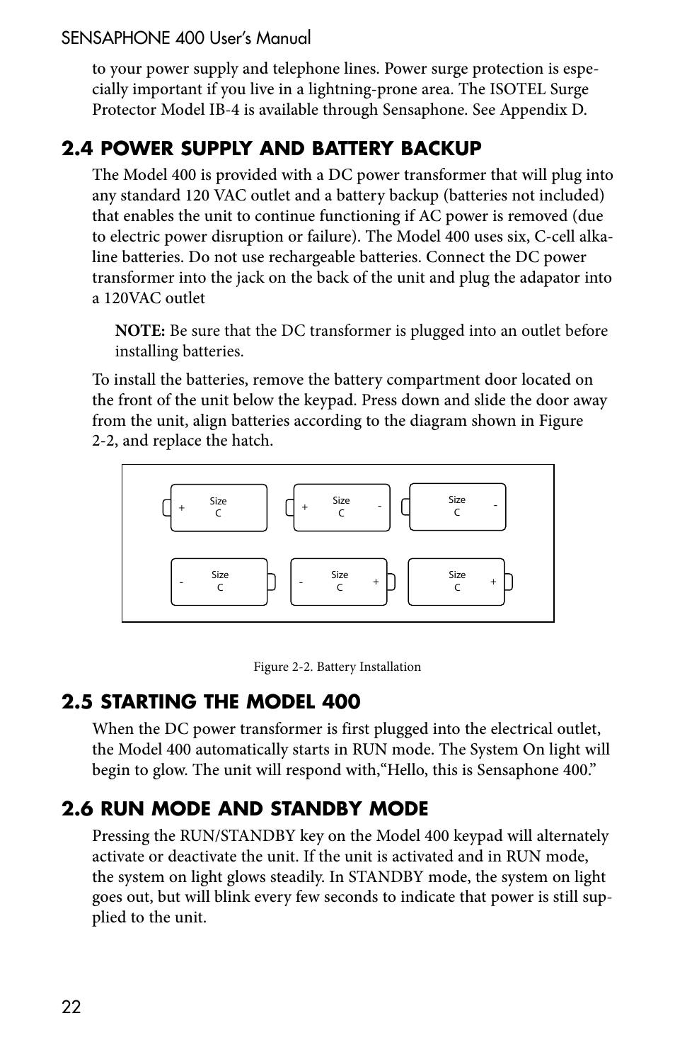 2 .4 power supply and battery backup, 2 .6 run mode and standby mode | Sensaphone 400 User Manual | Page 24 / 134