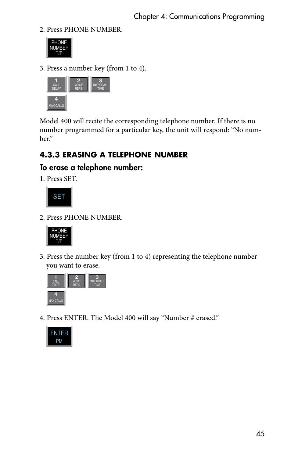 Press a number key (from 1 to 4), Press set, Press phone number | Sensaphone 400 User Manual | Page 47 / 134