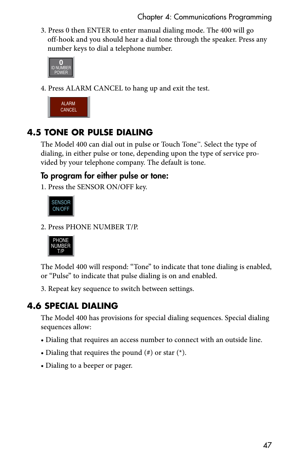 4 .5 tone or pulse dialing, 4 .6 special dialing | Sensaphone 400 User Manual | Page 49 / 134