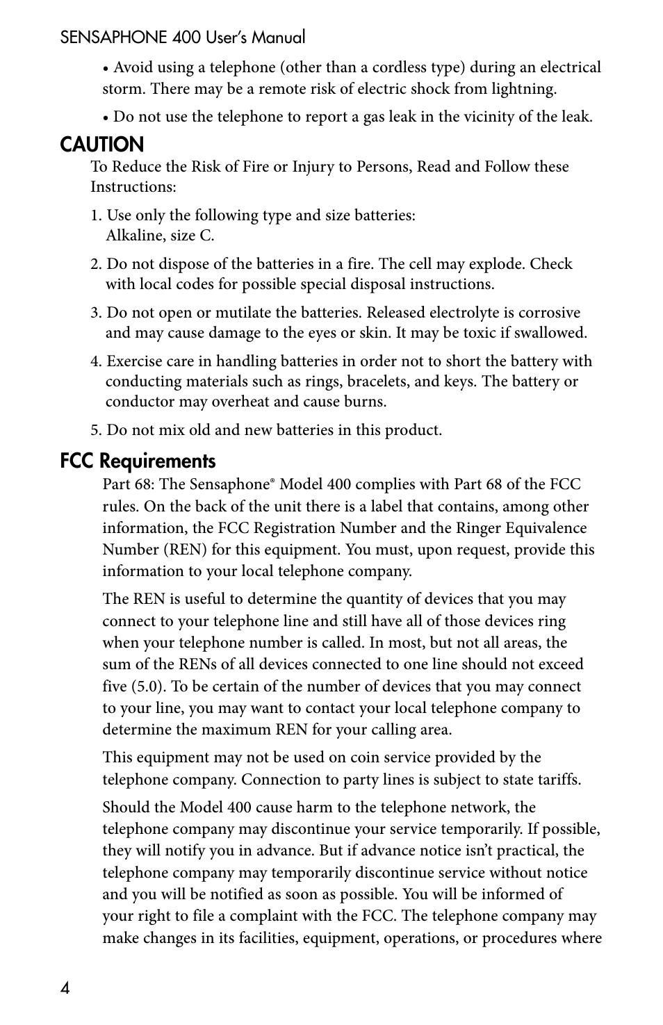 Caution, Fcc requirements | Sensaphone 400 User Manual | Page 6 / 134