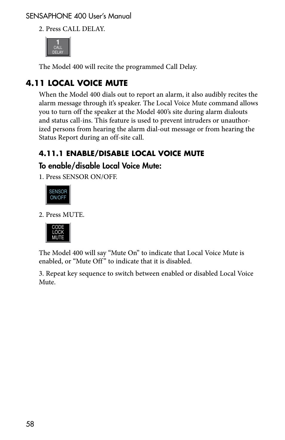 4 .11 local voice mute | Sensaphone 400 User Manual | Page 60 / 134