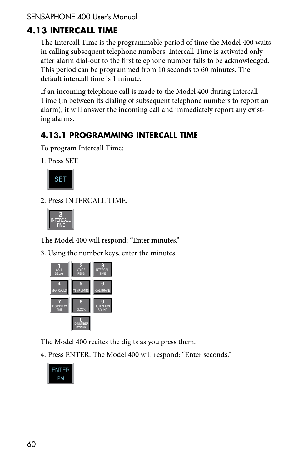 4 .13 intercall time, Press intercall time | Sensaphone 400 User Manual | Page 62 / 134