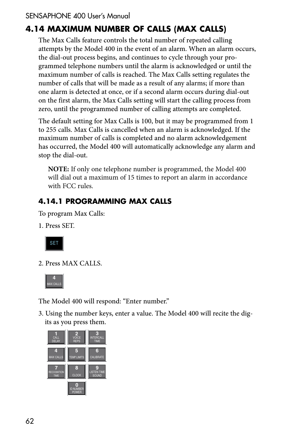 4 .14 maximum number of calls (max calls), Press max calls | Sensaphone 400 User Manual | Page 64 / 134