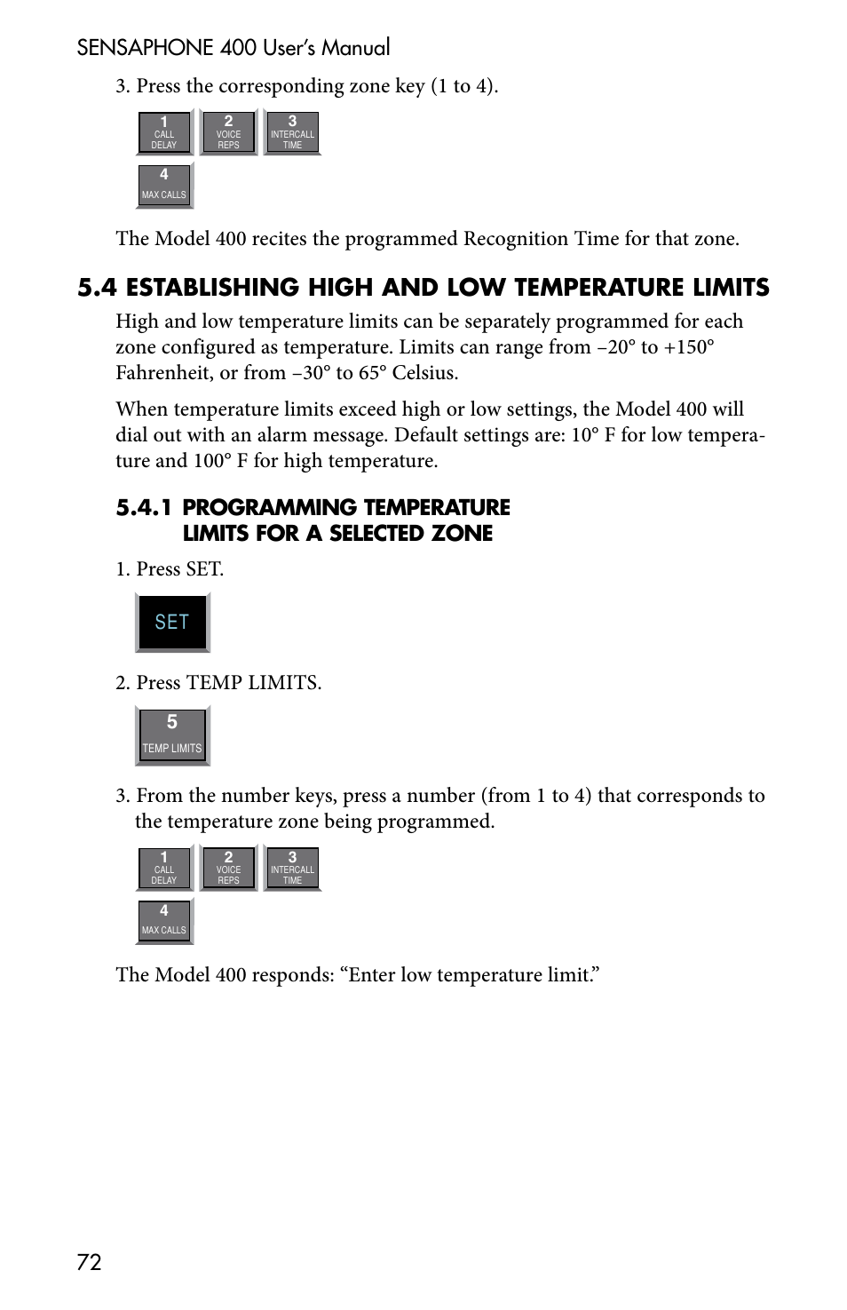 5 .4 establishing high and low temperature limits, Press temp limits | Sensaphone 400 User Manual | Page 74 / 134