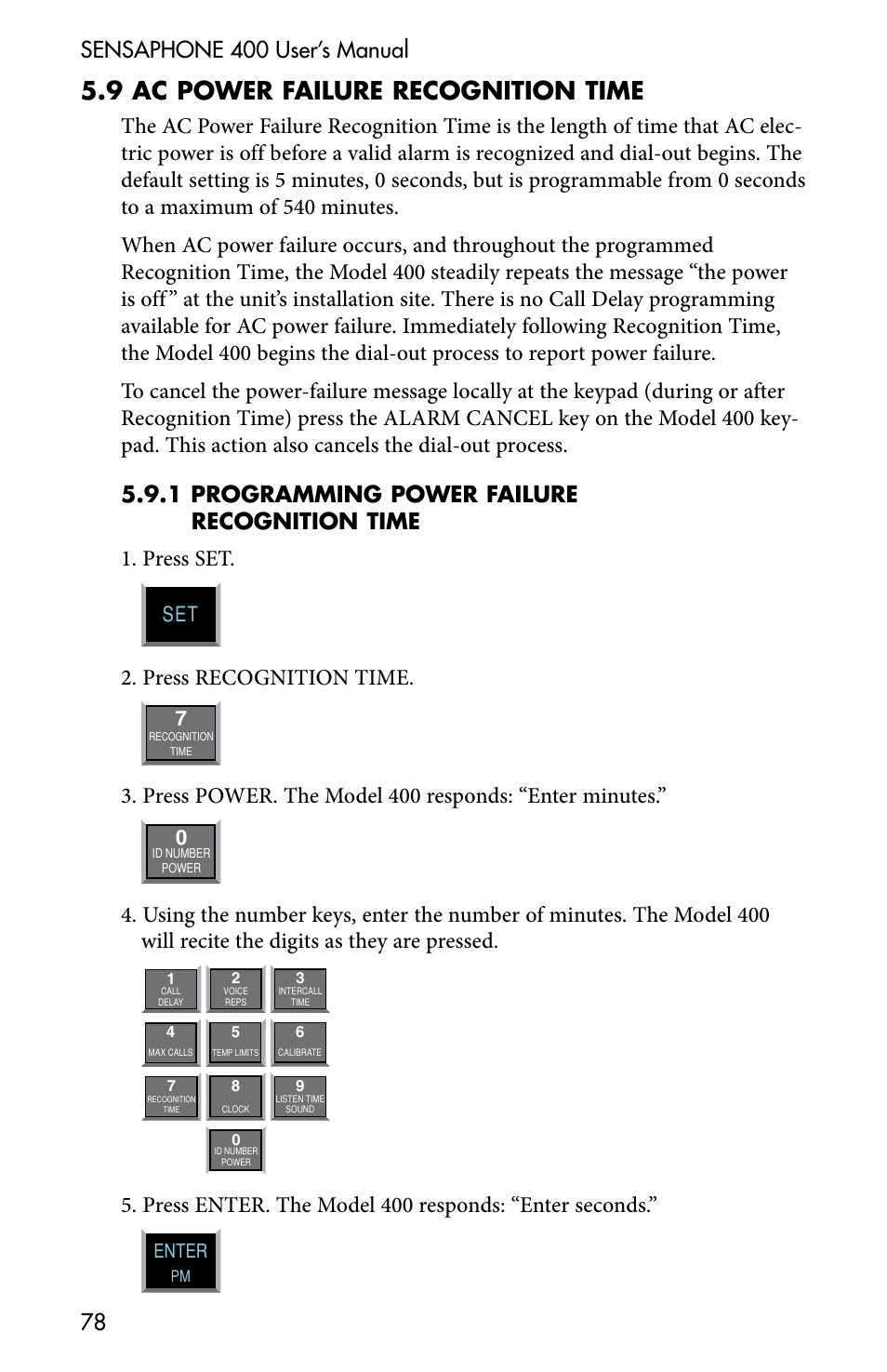 5 .9 ac power failure recognition time, Press recognition time | Sensaphone 400 User Manual | Page 80 / 134