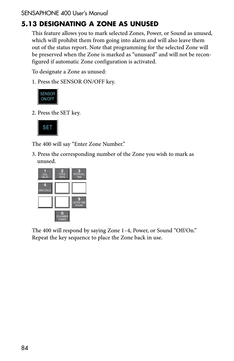 5 .13 designating a zone as unused, Press the set key | Sensaphone 400 User Manual | Page 86 / 134