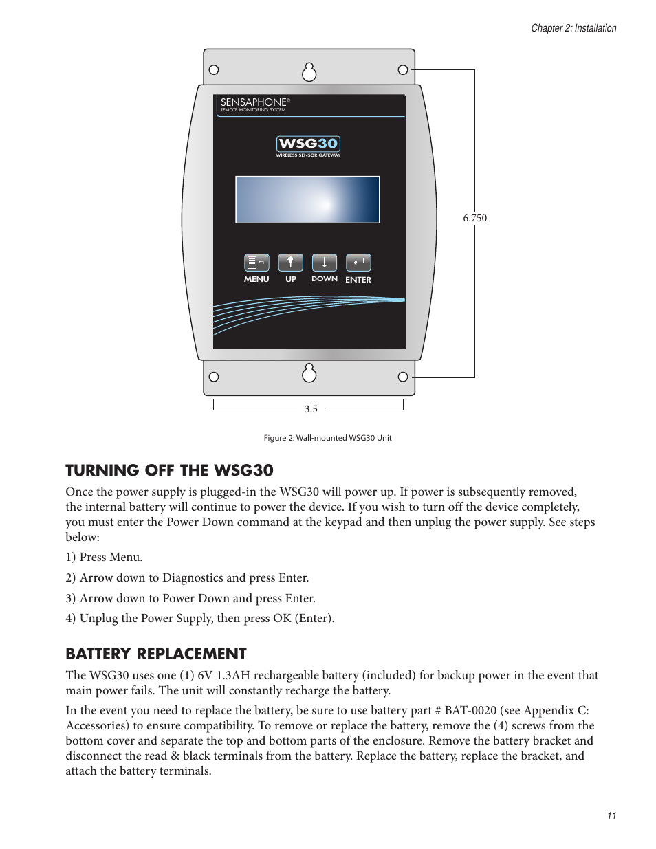 Turning off the wsg30, Battery replacement | Sensaphone WSG30 System Users manual User Manual | Page 11 / 57