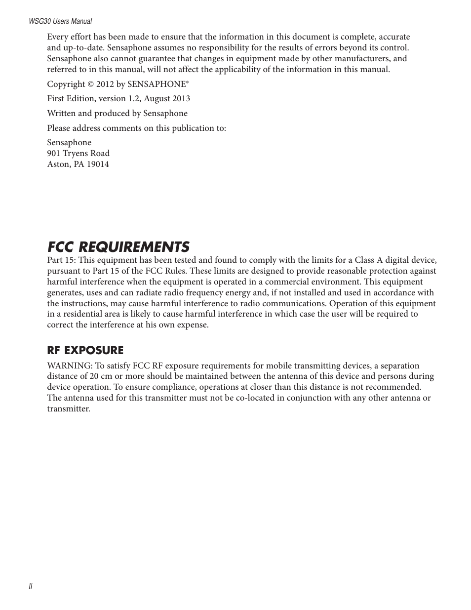 Fcc requirements | Sensaphone WSG30 System Users manual User Manual | Page 2 / 57