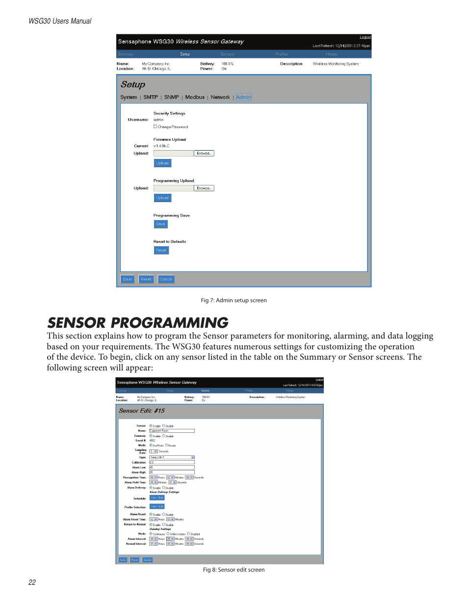 Sensor programming | Sensaphone WSG30 System Users manual User Manual | Page 22 / 57