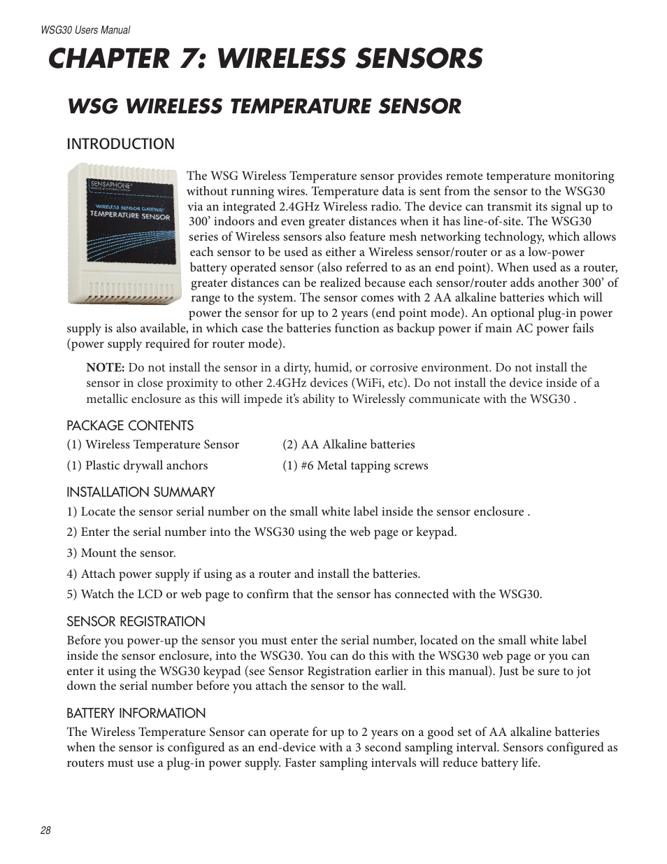 Chapter 7: wireless sensors, Wsg wireless temperature sensor | Sensaphone WSG30 System Users manual User Manual | Page 28 / 57