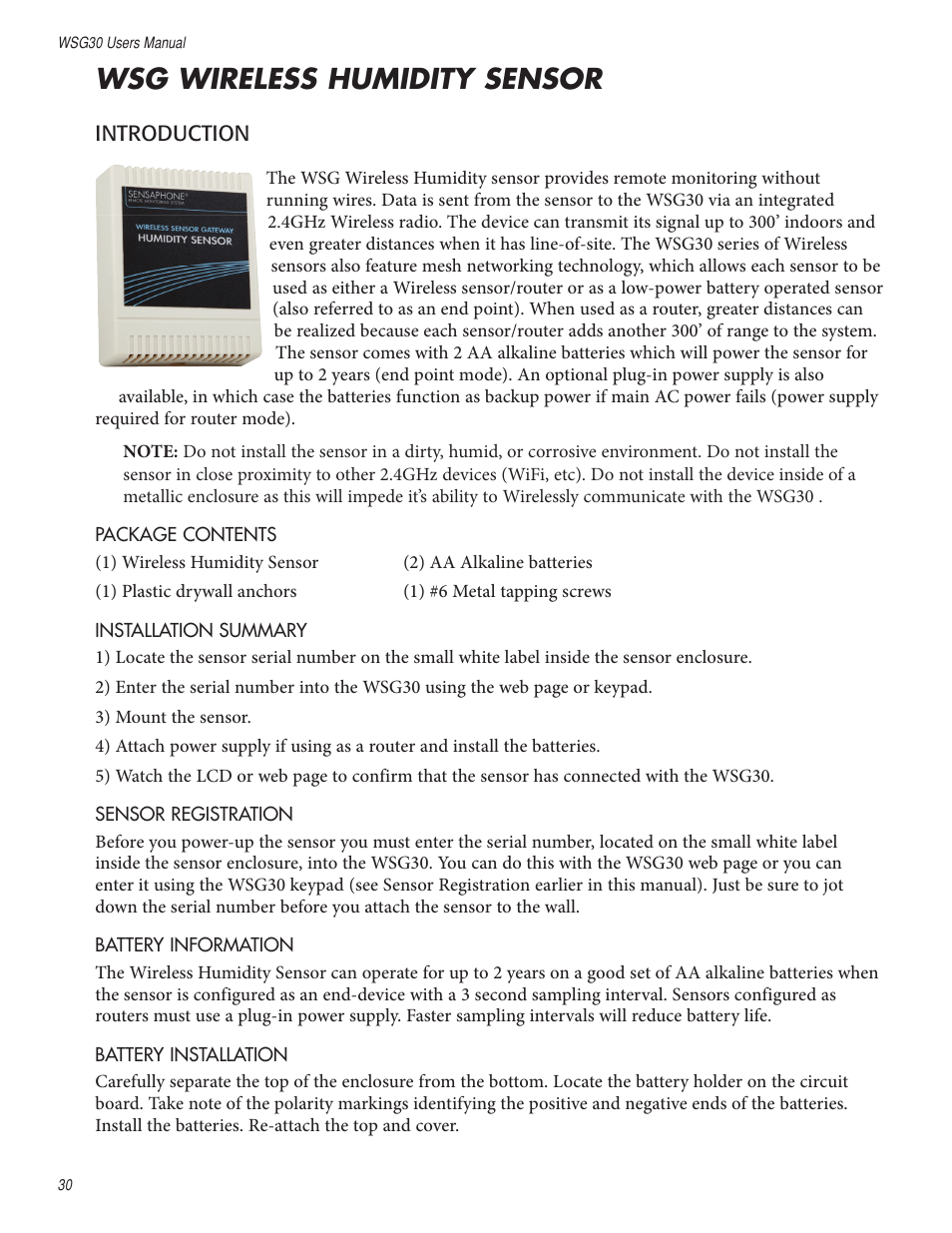 Wsg wireless humidity sensor | Sensaphone WSG30 System Users manual User Manual | Page 30 / 57