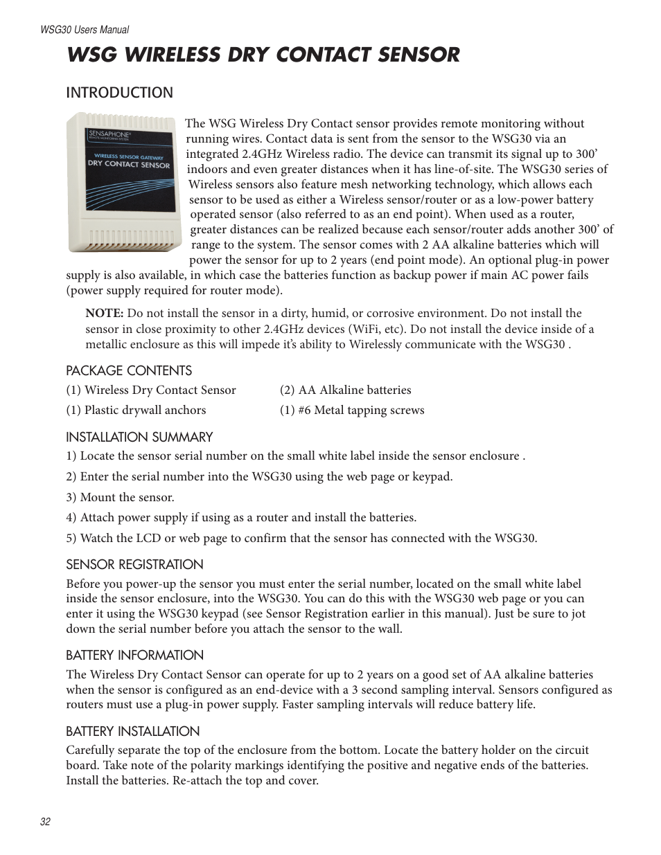 Wsg wireless dry contact sensor | Sensaphone WSG30 System Users manual User Manual | Page 32 / 57