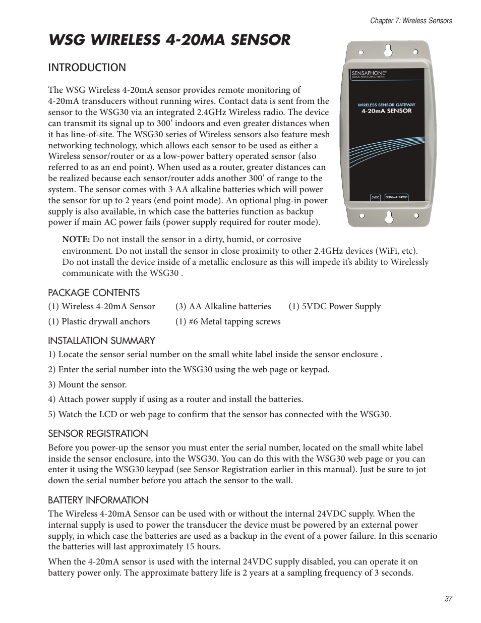 Wsg wireless 4-20ma sensor | Sensaphone WSG30 System Users manual User Manual | Page 37 / 57