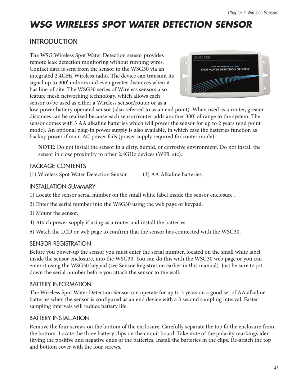 Wsg wireless spot water detection sensor | Sensaphone WSG30 System Users manual User Manual | Page 41 / 57