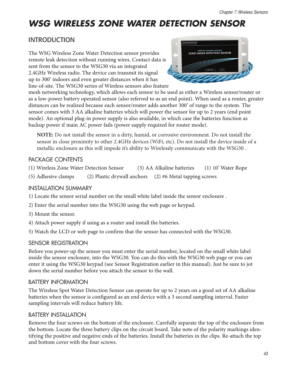 Wsg wireless zone water detection sensor | Sensaphone WSG30 System Users manual User Manual | Page 43 / 57