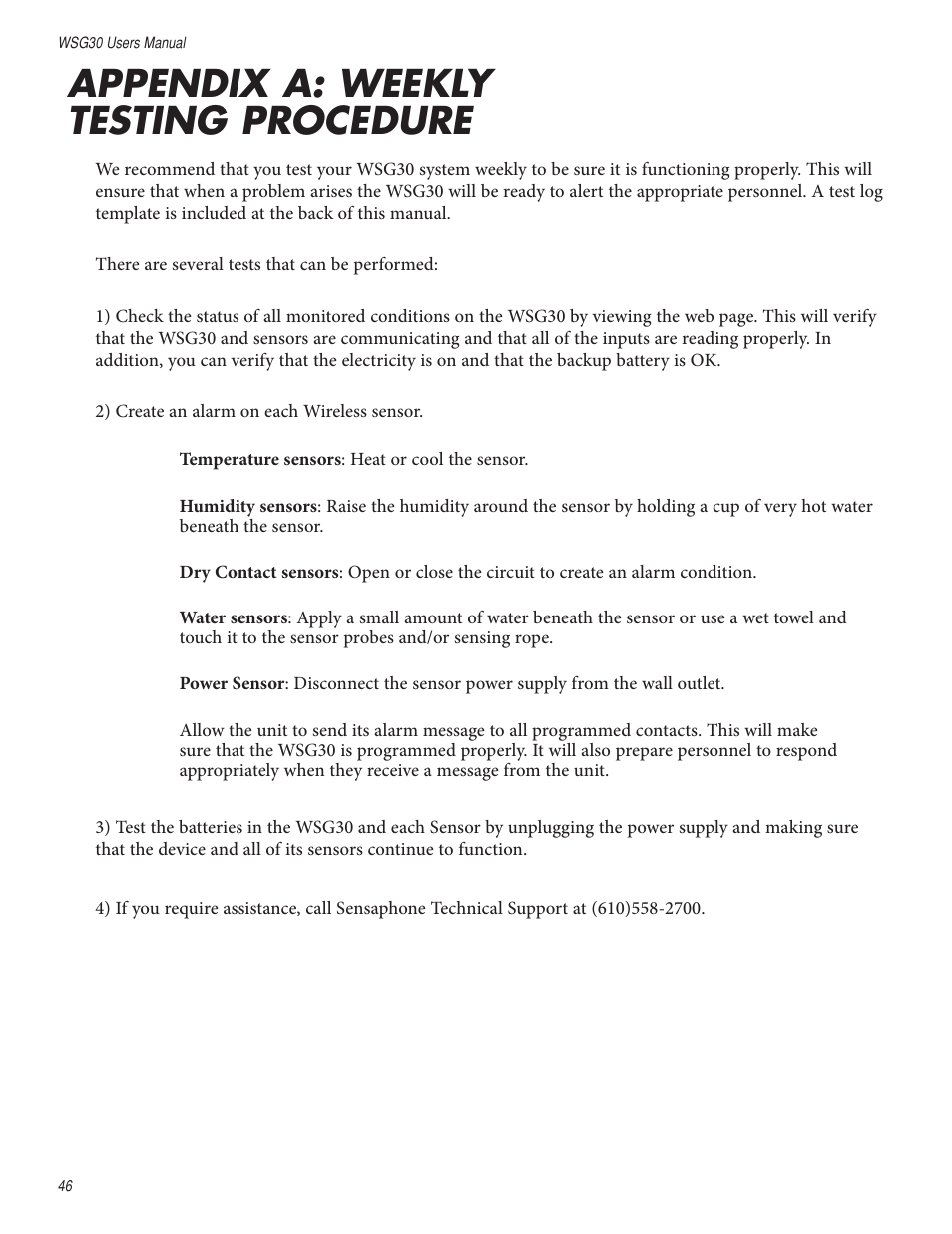 Appendix a: weekly testing procedure | Sensaphone WSG30 System Users manual User Manual | Page 46 / 57