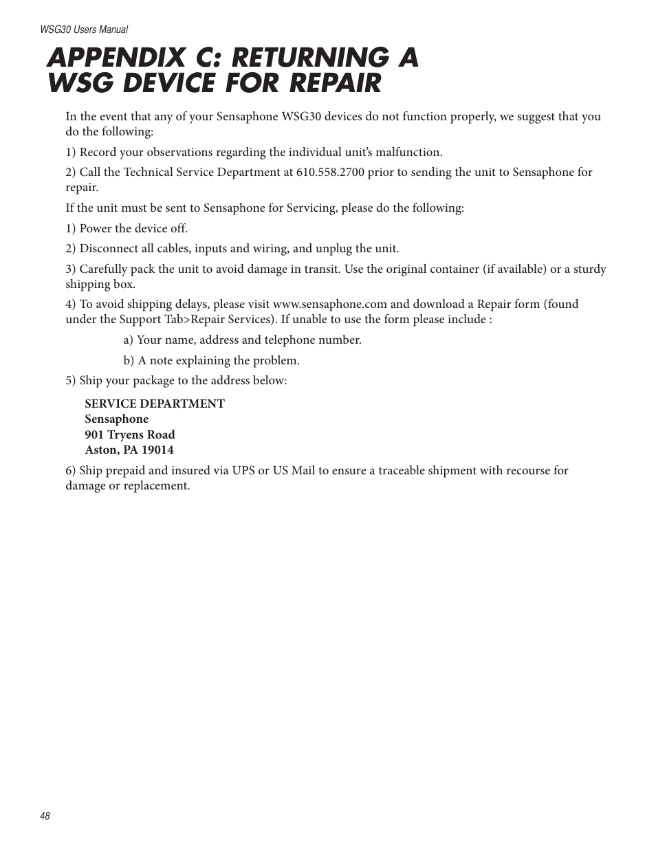 Appendix c: returning a wsg device for repair | Sensaphone WSG30 System Users manual User Manual | Page 48 / 57