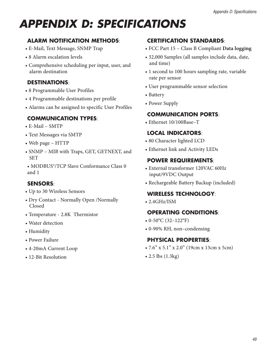 Appendix d: specifications | Sensaphone WSG30 System Users manual User Manual | Page 49 / 57