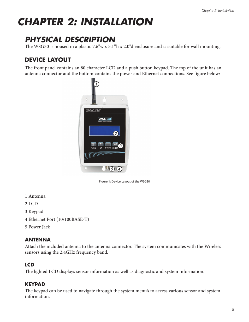 Chapter 2: installation, Physical description | Sensaphone WSG30 System Users manual User Manual | Page 9 / 57