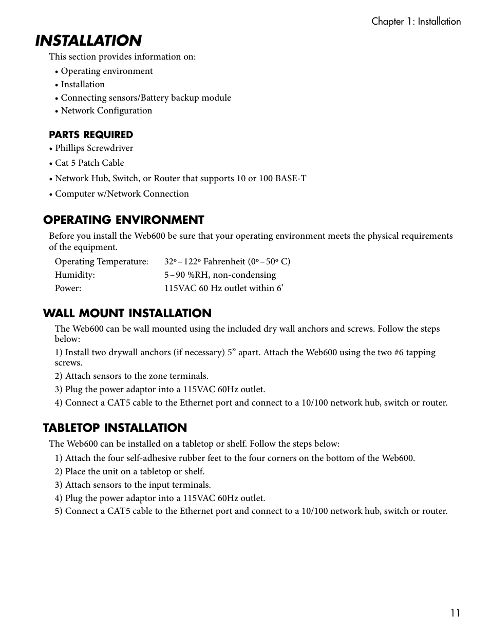 Installation, Parts required, Operating environment | Wall mount installation, Tabletop installation | Sensaphone WEB600 Users manual User Manual | Page 11 / 57