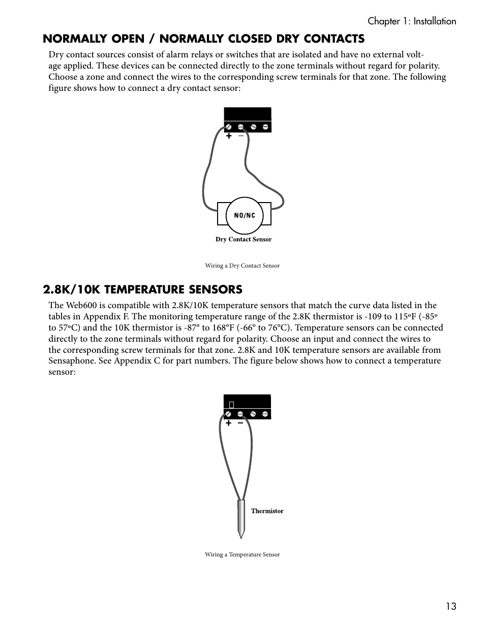 Normally open / normally closed dry contacts, 8k/10k temperature sensors | Sensaphone WEB600 Users manual User Manual | Page 13 / 57
