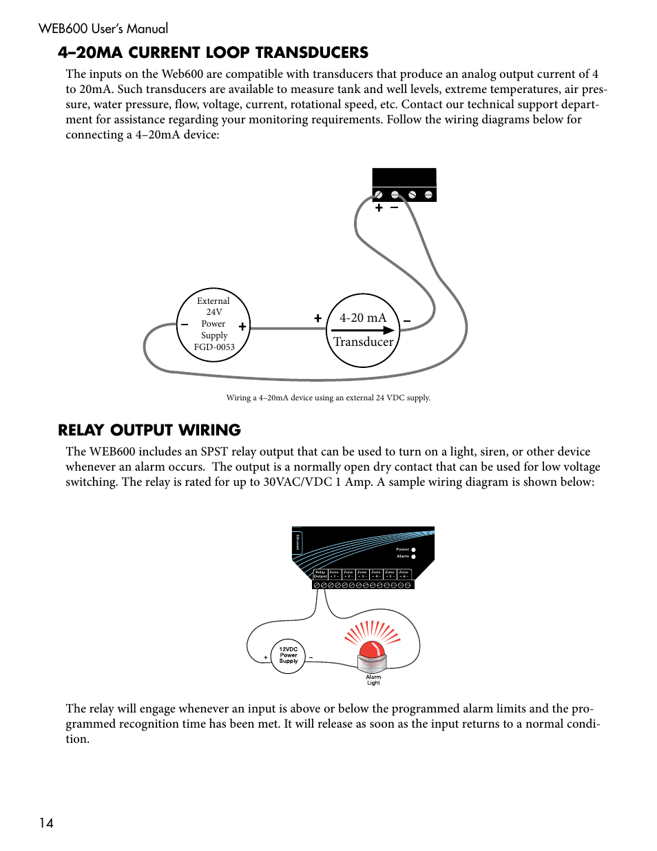 4–20ma current loop transducers, Relay output wiring, 20 ma transducer | Sensaphone WEB600 Users manual User Manual | Page 14 / 57