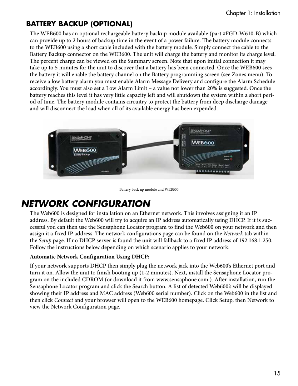 Battery backup (optional), Network configuration | Sensaphone WEB600 Users manual User Manual | Page 15 / 57