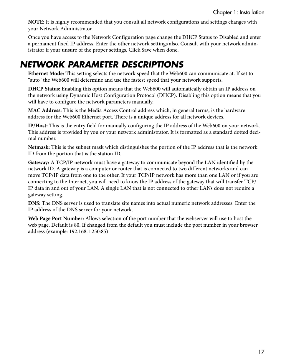 Network parameter descriptions | Sensaphone WEB600 Users manual User Manual | Page 17 / 57