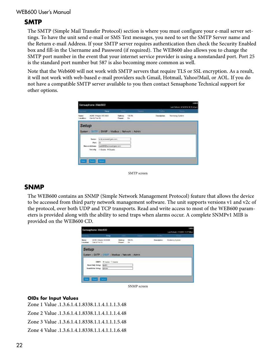 Smtp, Snmp, Smtp snmp | Sensaphone WEB600 Users manual User Manual | Page 22 / 57