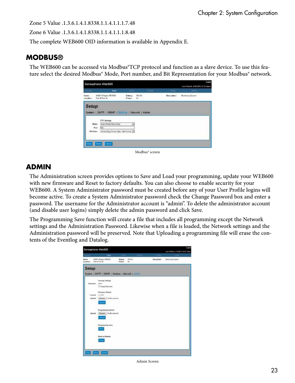 Modbus, Admin, Modbus® admin | Sensaphone WEB600 Users manual User Manual | Page 23 / 57