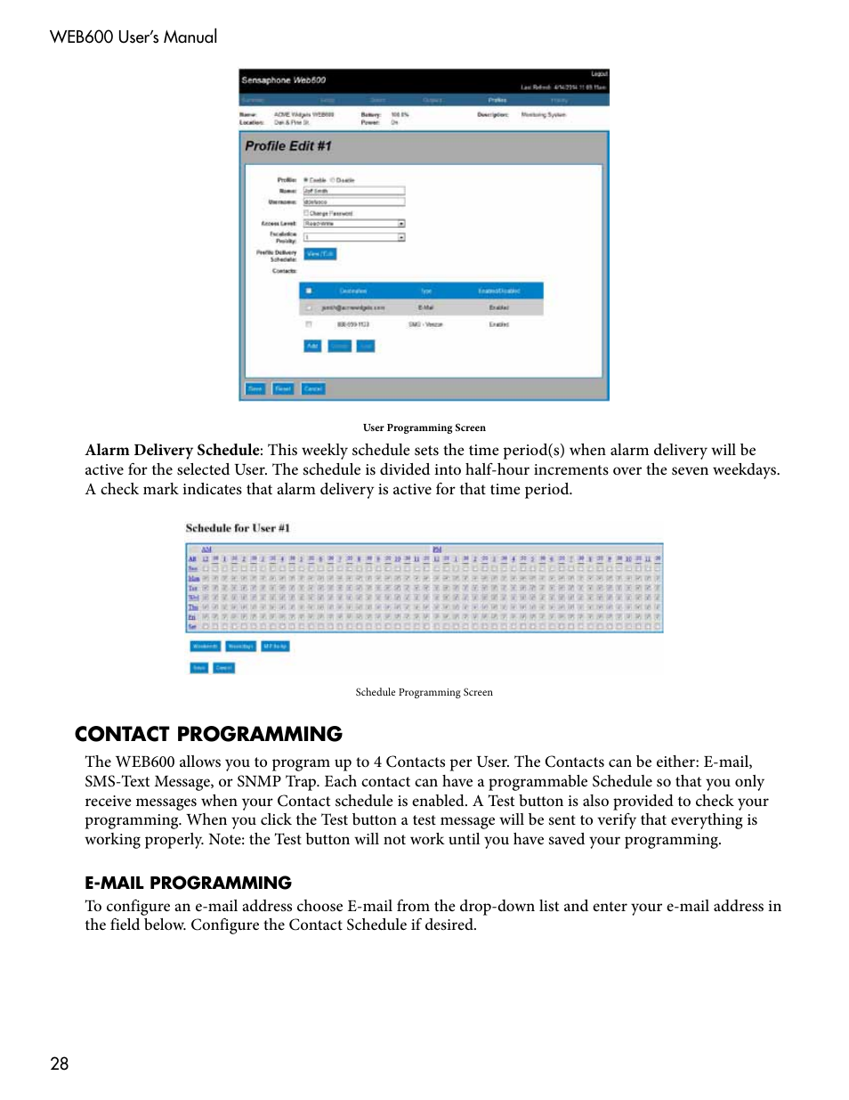 Contact programming, E-mail programming, Contact programming e-mail programming | Sensaphone WEB600 Users manual User Manual | Page 28 / 57