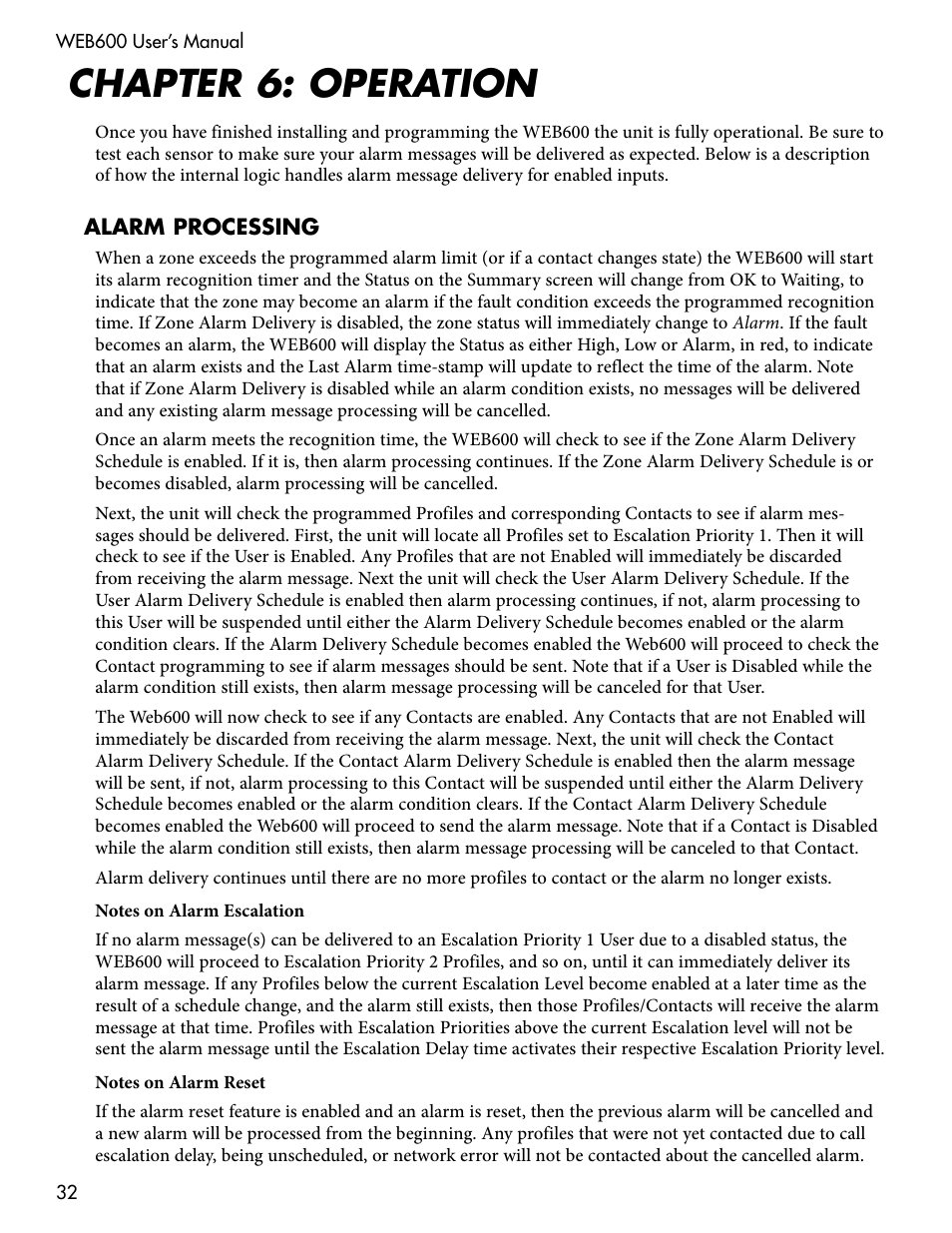 Chapter 6: operation, Alarm processing | Sensaphone WEB600 Users manual User Manual | Page 32 / 57