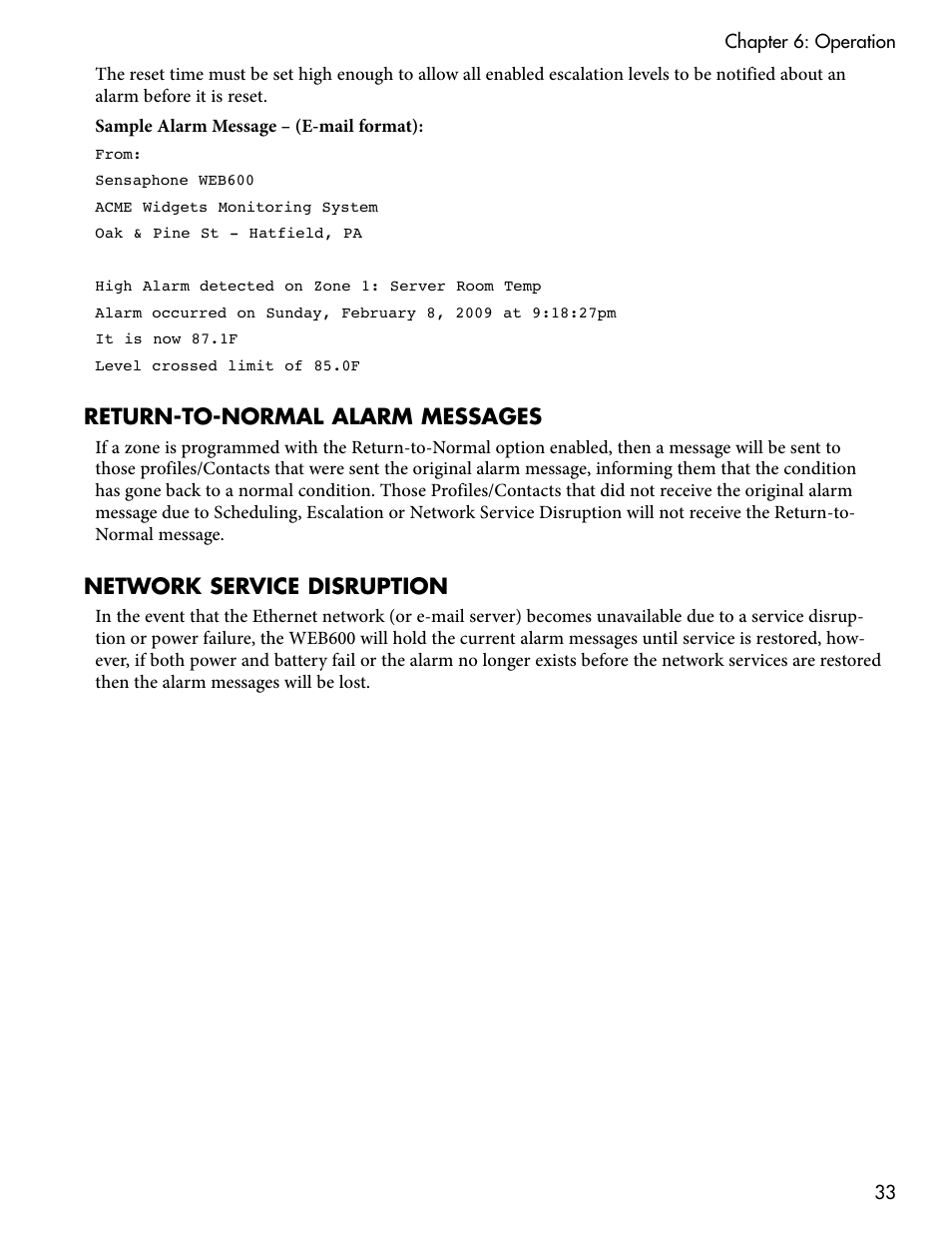 Return-to-normal alarm messages, Network service disruption | Sensaphone WEB600 Users manual User Manual | Page 33 / 57