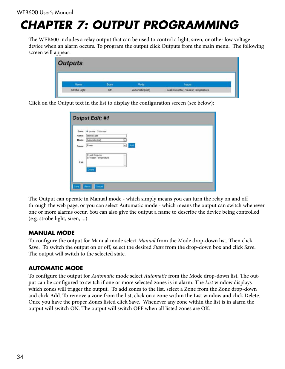 Chapter 7: output programming, Manual mode, Automatic mode | Manual mode automatic mode | Sensaphone WEB600 Users manual User Manual | Page 34 / 57