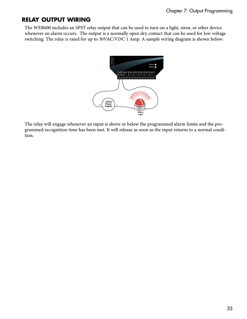 Appendix a: weekly testing procedure, Relay output wiring, 35 chapter 7: output programming | Sensaphone WEB600 Users manual User Manual | Page 35 / 57