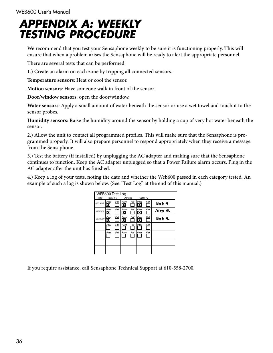 Appendix b: accessories, Appendix a: weekly testing procedure | Sensaphone WEB600 Users manual User Manual | Page 36 / 57