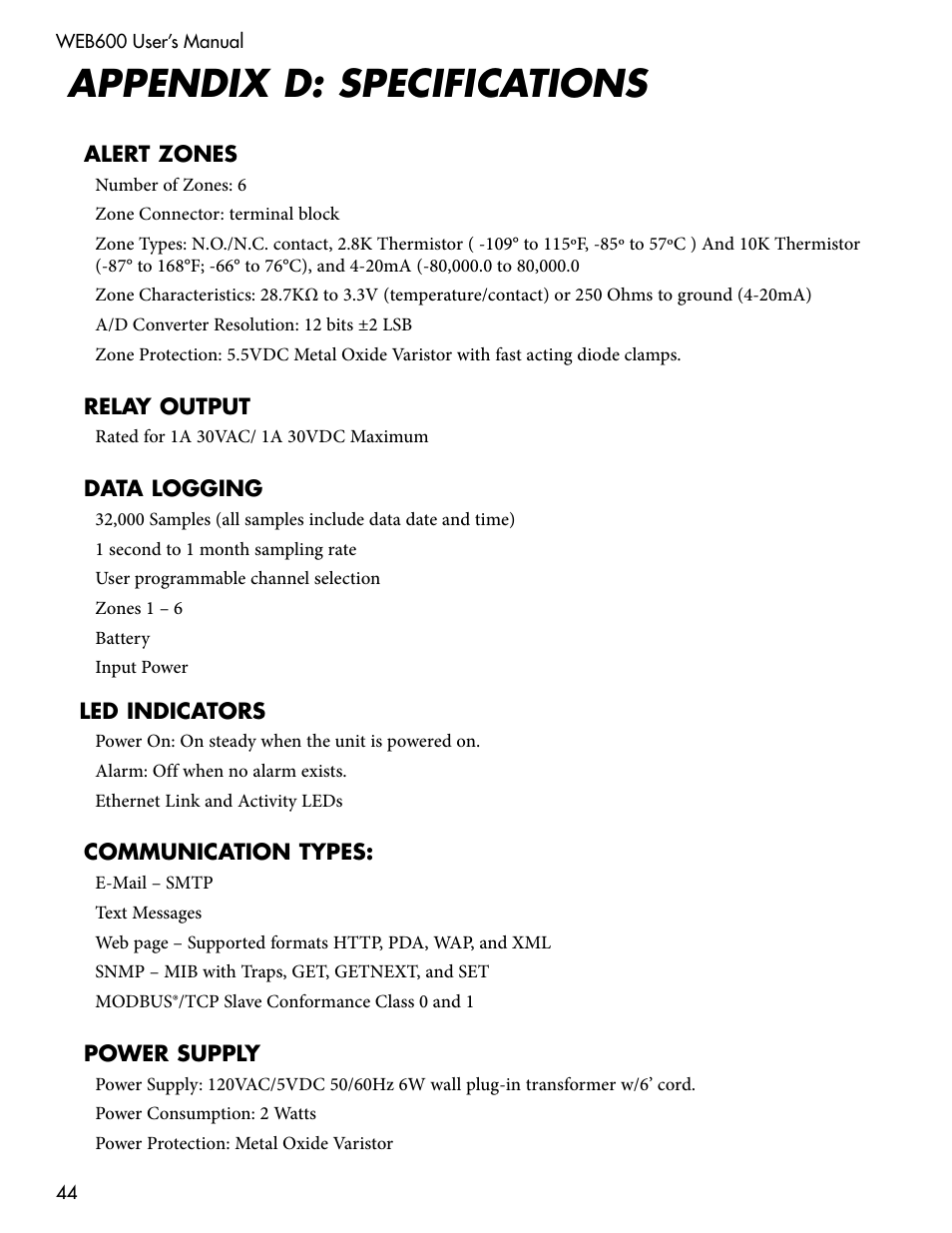 Power supply, Environmental, Physical | Power supply environmental physical, Appendix d: specifications | Sensaphone WEB600 Users manual User Manual | Page 44 / 57