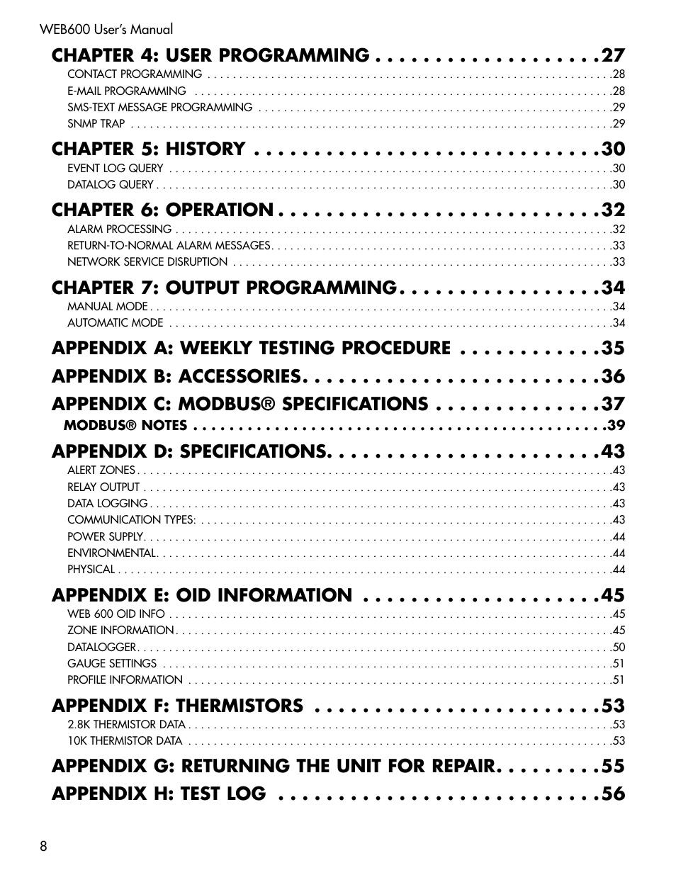Chapter 4: user programming, Chapter 5: history, Chapter 6: operation | Chapter 7: output programming, Appendix d: specifications, Appendix e: oid information, Appendix f: thermistors | Sensaphone WEB600 Users manual User Manual | Page 8 / 57