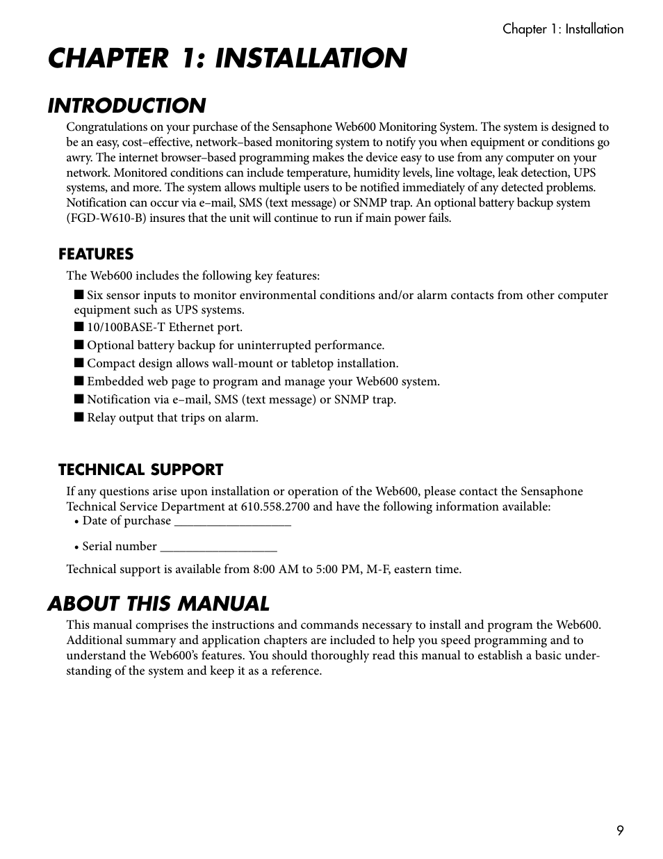 Chapter 1: installation, Introduction, Features | Technical support, About this manual, Features technical support | Sensaphone WEB600 Users manual User Manual | Page 9 / 57
