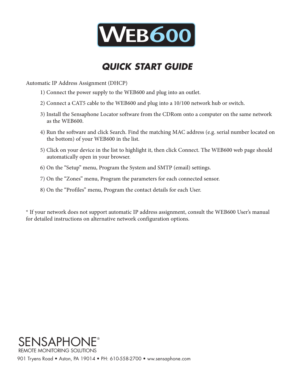 Sensaphone WEB600 Quick start Guide User Manual | 1 page