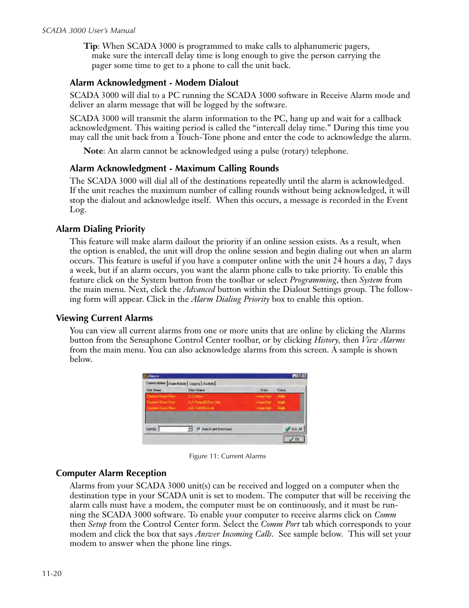 Alarm acknowledgment - modem dialout, Alarm acknowledgment - maximum calling rounds, Alarm dialing priority | Viewing current alarms, Computer alarm reception | Sensaphone SCADA 3000 Users manual User Manual | Page 102 / 318