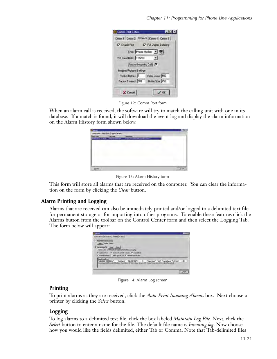 Alarm printing and logging, Printing, Logging | Alarm printing and logging -21, Printing -21 logging -21 | Sensaphone SCADA 3000 Users manual User Manual | Page 103 / 318